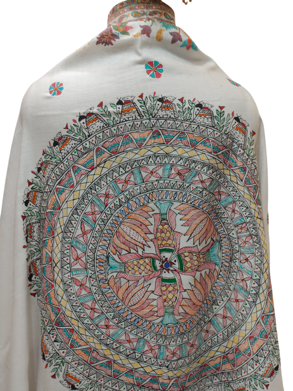 Exquisite Handpainted Madhubani Pashmina Shawl on White